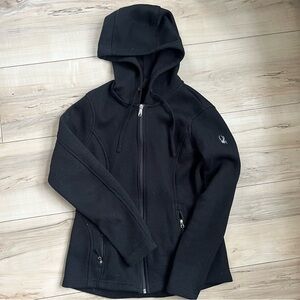 Spyder Black Fleece Jacket size medium hooded ribbed pockets warm layer skiing